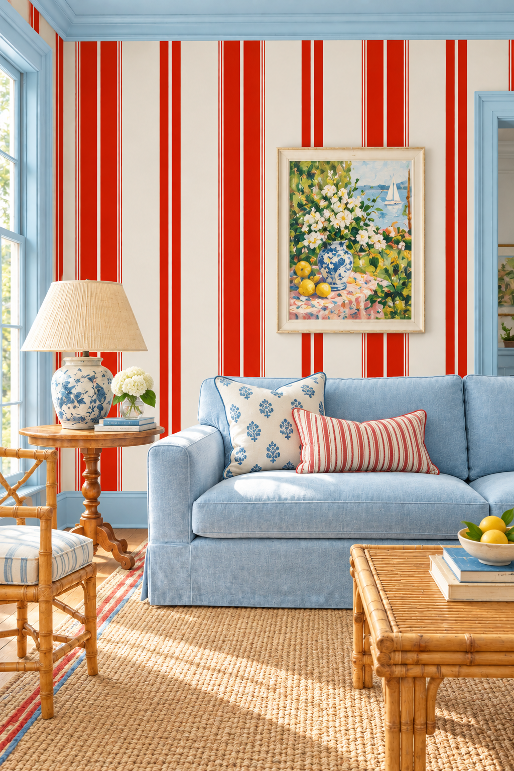 Estate Stripe traditional matte wallpaper featuring bold vertical stripes in a classic, tailored design for timeless interiors in bright red and white classic stripe for living rooms