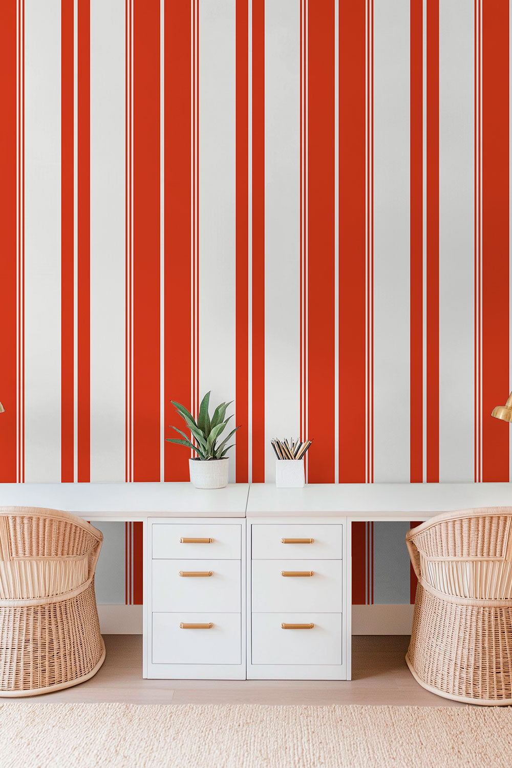 Estate Stripe traditional matte wallpaper featuring bold vertical stripes in a classic, tailored design for timeless interiors in bright red and white classic stripe for luxury home offices