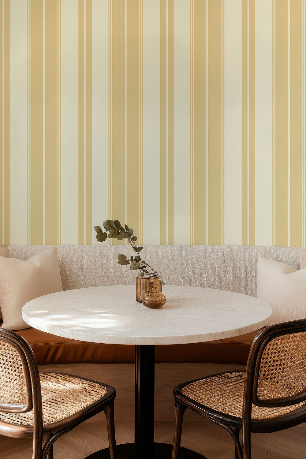 Estate Stripe grasscloth wallpaper with bold neutral vertical stripes and natural woven texture, adding depth and tailored elegance to classic interiors perfect for classic dining rooms and breakfast nooks