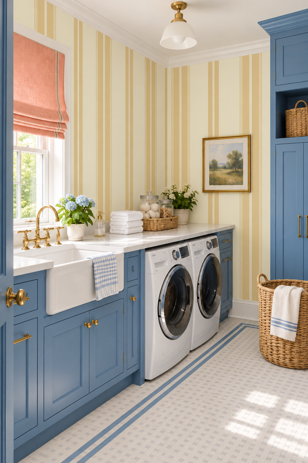 bright and preppy laundry room with tan and beige striped traditional wall covering printed on luxury wallpaper