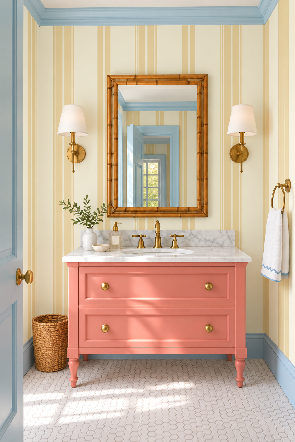Estate Stripe performance vinyl wallpaper featuring bold vertical stripes with a durable, easy-care finish for high-traffic interiors in classic neutral stripe for bathrooms