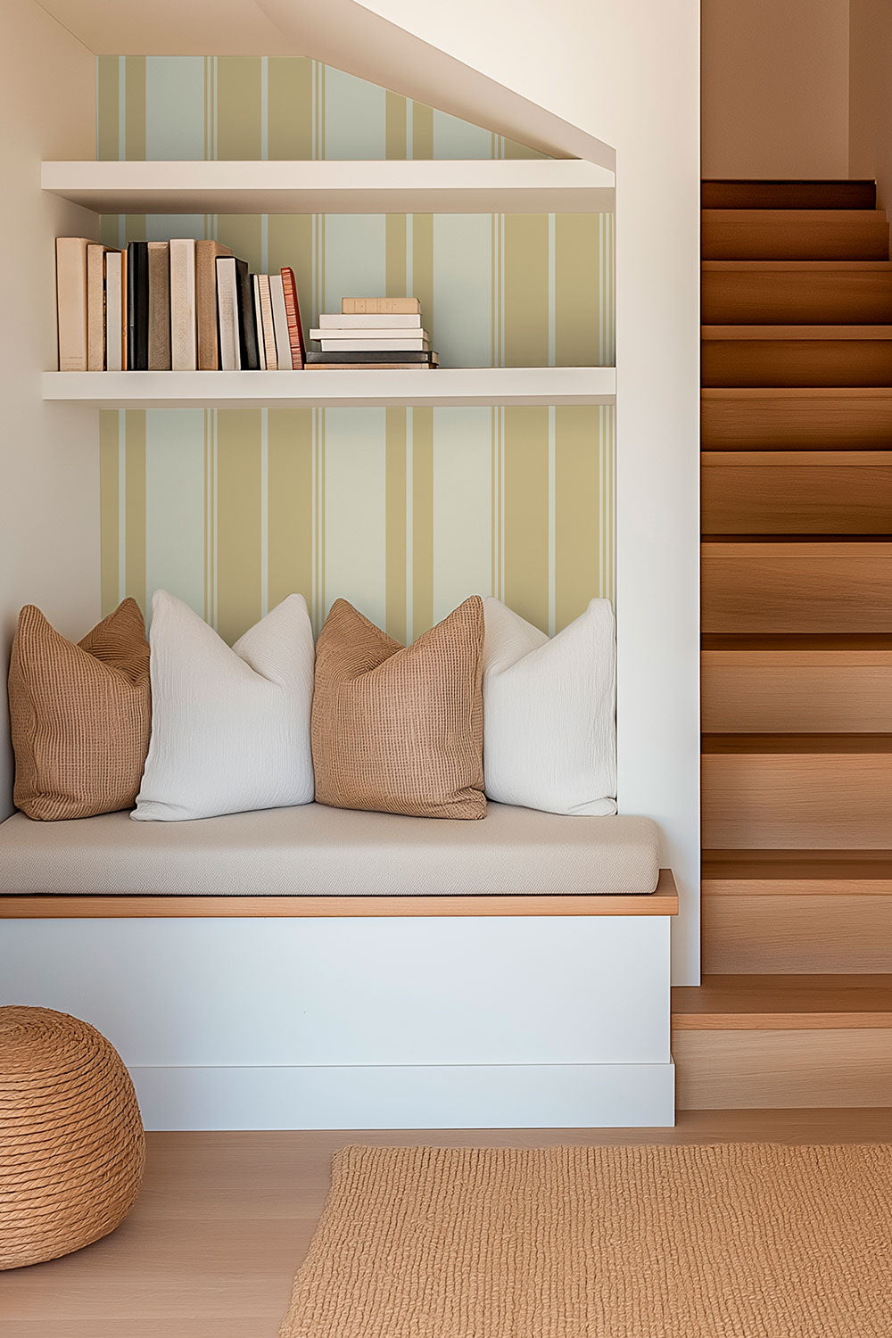 Estate Stripe performance vinyl wallpaper featuring bold vertical stripes with a durable, easy-care finish for high-traffic interiors in classic neutral stripe 