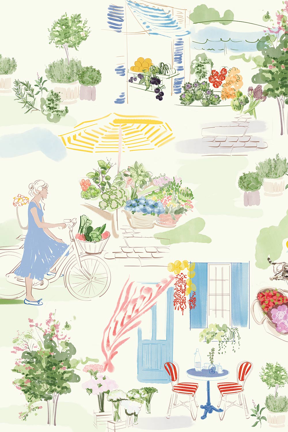 Farmers market wallpaper, toile wallpaper, illustrated wallpaper, european market print, kitchen wallpaper, whimsical wallpaper, countryside wallpaper, market scene wallpaper, grasscloth wallpaper, luxury wallpaper, paperweave wall-covering, basketweave wall-cover, all-natural and eco-friendly wallcovering, restaurant wallpaper, wallpaper for entryways