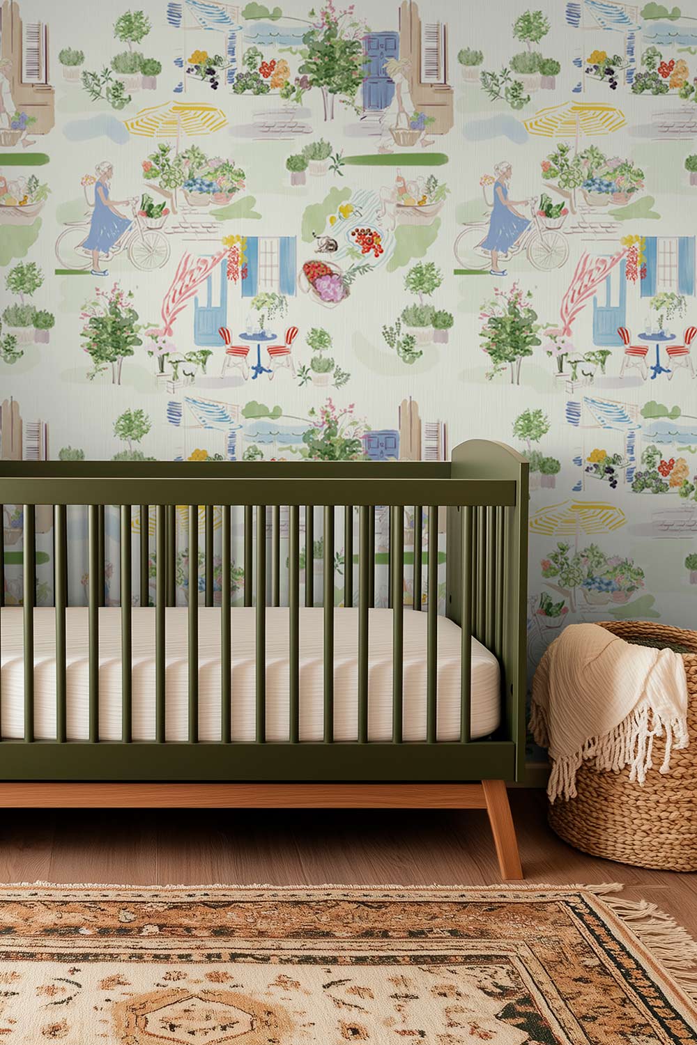 Farmers market wallpaper, toile wallpaper, illustrated wallpaper, european market print, kitchen wallpaper, whimsical wallpaper, countryside wallpaper, market scene wallpaper, printed on all natural and eco-friendly luxury traditional matte wall-covering for nurserys and kid's rooms