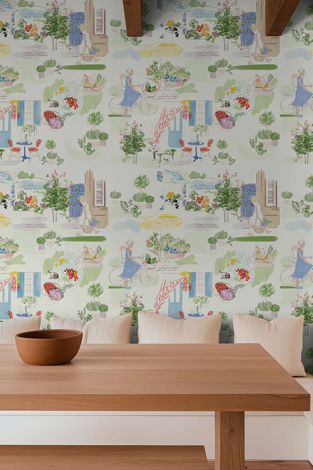 Farmers market wallpaper, toile wallpaper, illustrated wallpaper, european market print, kitchen wallpaper, whimsical wallpaper, countryside wallpaper, market scene wallpaper, printed on all natural and eco-friendly luxury traditional matte wall-covering for dining rooms, kitchens and restaurants