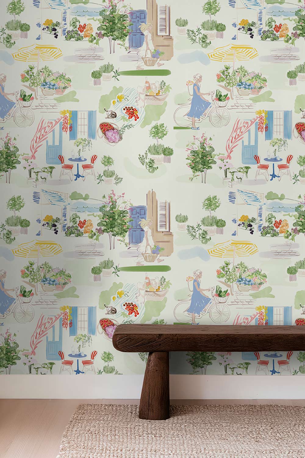 Farmers market wallpaper, toile wallpaper, illustrated wallpaper, european market print, kitchen wallpaper, whimsical wallpaper, countryside wallpaper, market scene wallpaper, grasscloth wallpaper, luxury wallpaper, paperweave wall-covering, basketweave wall-cover, all-natural and eco-friendly wallcovering, restaurant wallpaper, wallpaper for entryways