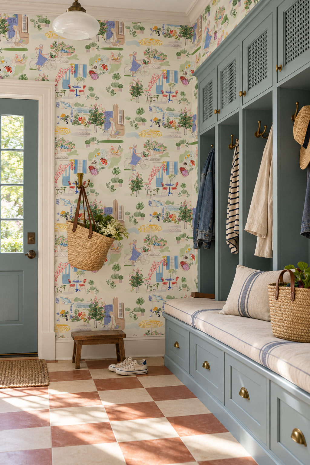 Farmers market wallpaper, toile wallpaper, illustrated wallpaper, european market print, kitchen wallpaper, whimsical wallpaper, countryside wallpaper, market scene wallpaper, print on performance vinyl wallpaper that is stain and moisture resistant, restaurant wallpaper, fire rated wallpaper, commercial grade wallpaper; for dining rooms, restaurants and kitchens