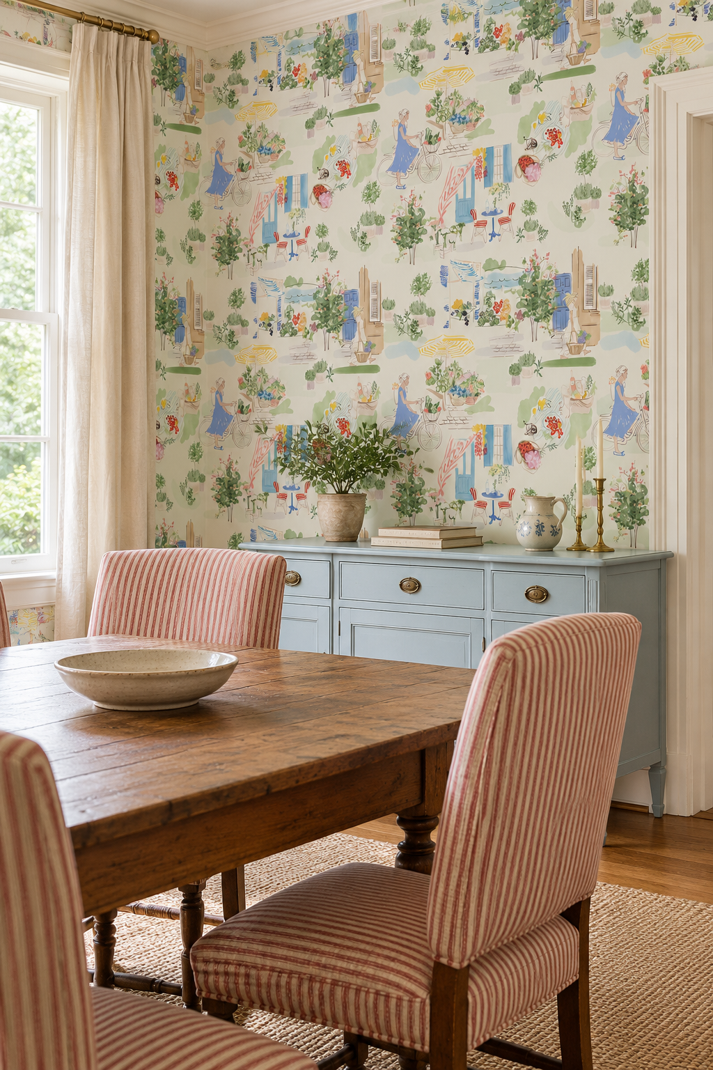 Farmers market wallpaper, toile wallpaper, illustrated wallpaper, european market print, kitchen wallpaper, whimsical wallpaper, countryside wallpaper, market scene wallpaper, grasscloth wallpaper, luxury wallpaper, paperweave wall-covering, basketweave wall-cover, all-natural and eco-friendly wallcovering, restaurant wallpaper, wallpaper for kitchens and dining rooms