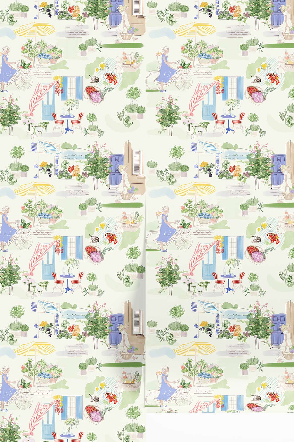 Farmers market wallpaper, toile wallpaper, illustrated wallpaper, european market print, kitchen wallpaper, whimsical wallpaper, countryside wallpaper, market scene wallpaper, printed on all natural and eco-friendly luxury traditional matte wall-covering