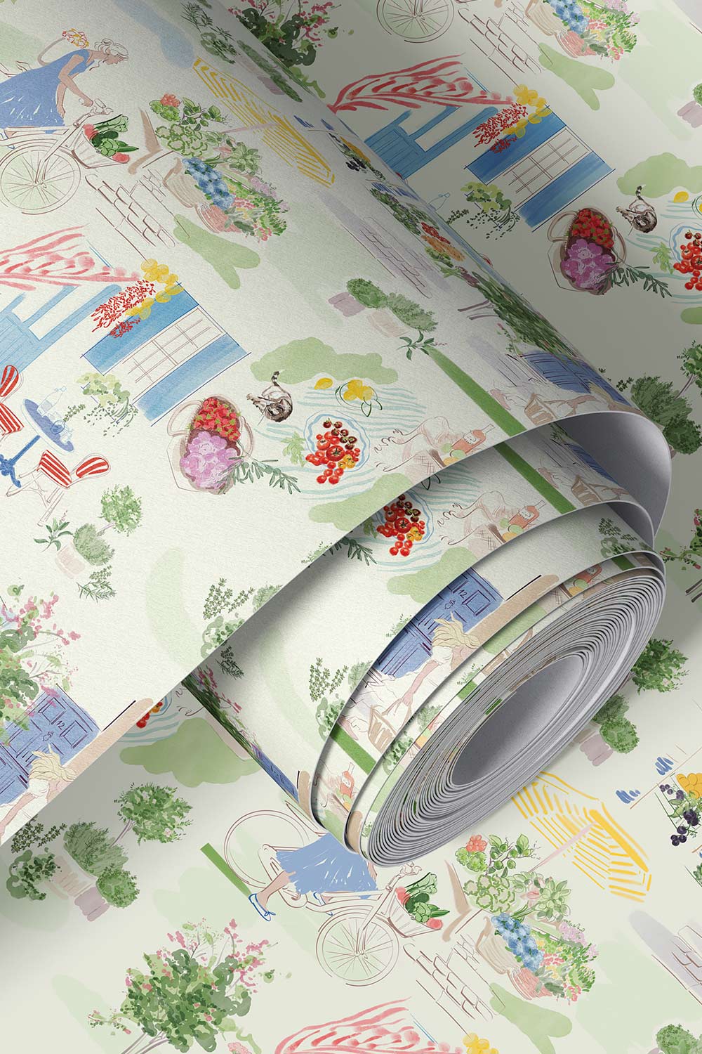 Farmers market wallpaper, toile wallpaper, illustrated wallpaper, european market print, kitchen wallpaper, whimsical wallpaper, countryside wallpaper, market scene wallpaper, print on performance vinyl wallpaper that is stain and moisture resistant, restaurant wallpaper, fire rated wallpaper, commercial grade wallpaper
