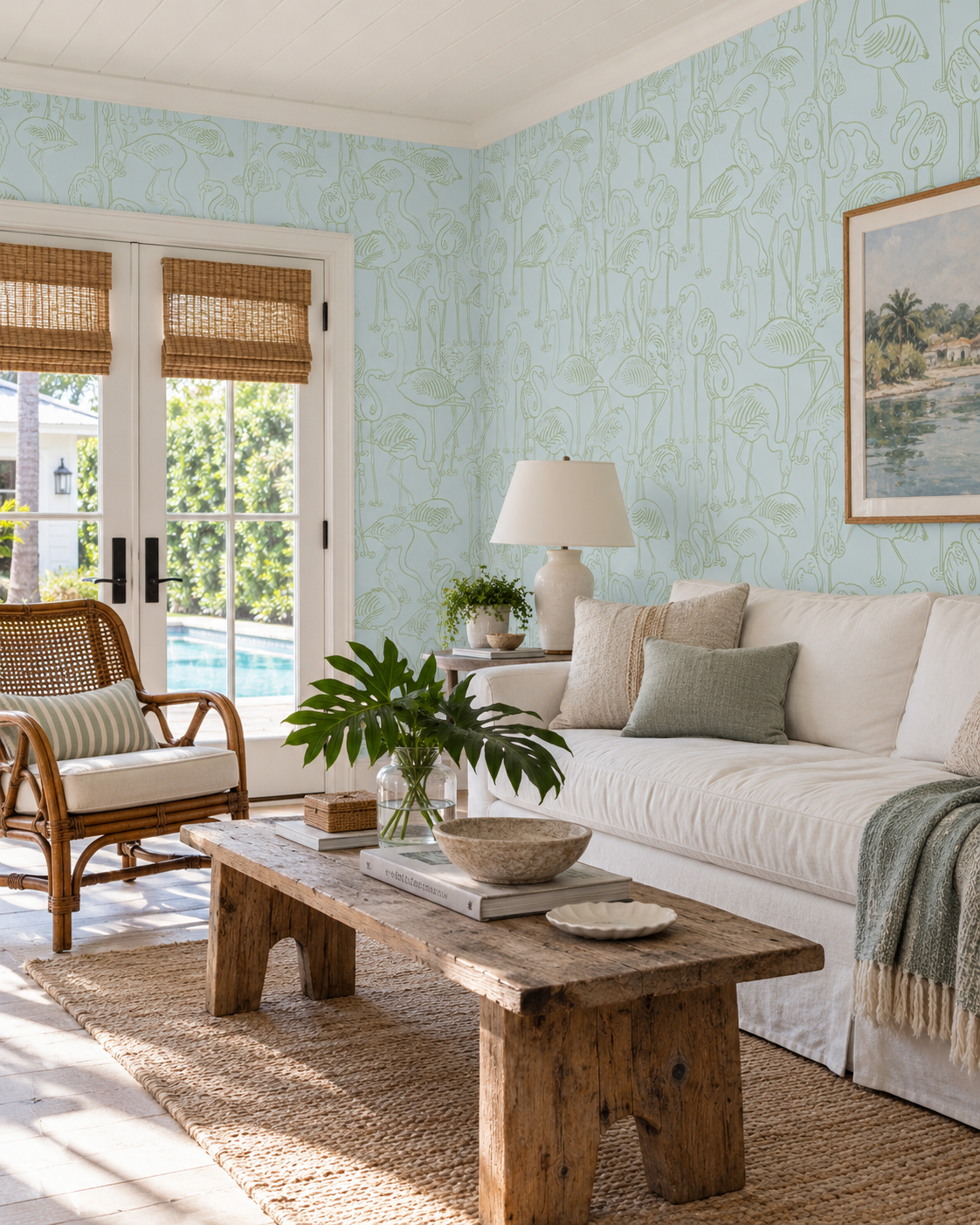 coastal inspired casual living room with light blue and green sketched flamingo wallpaper