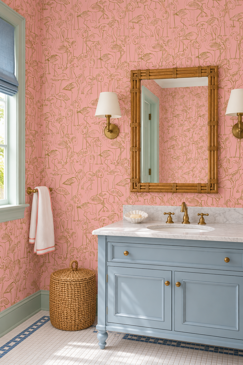 washable and moisture resistant tropical flamingo wallpaper, perfect for high traffic coastal beach homes in bathrooms, wet bars and kitchens