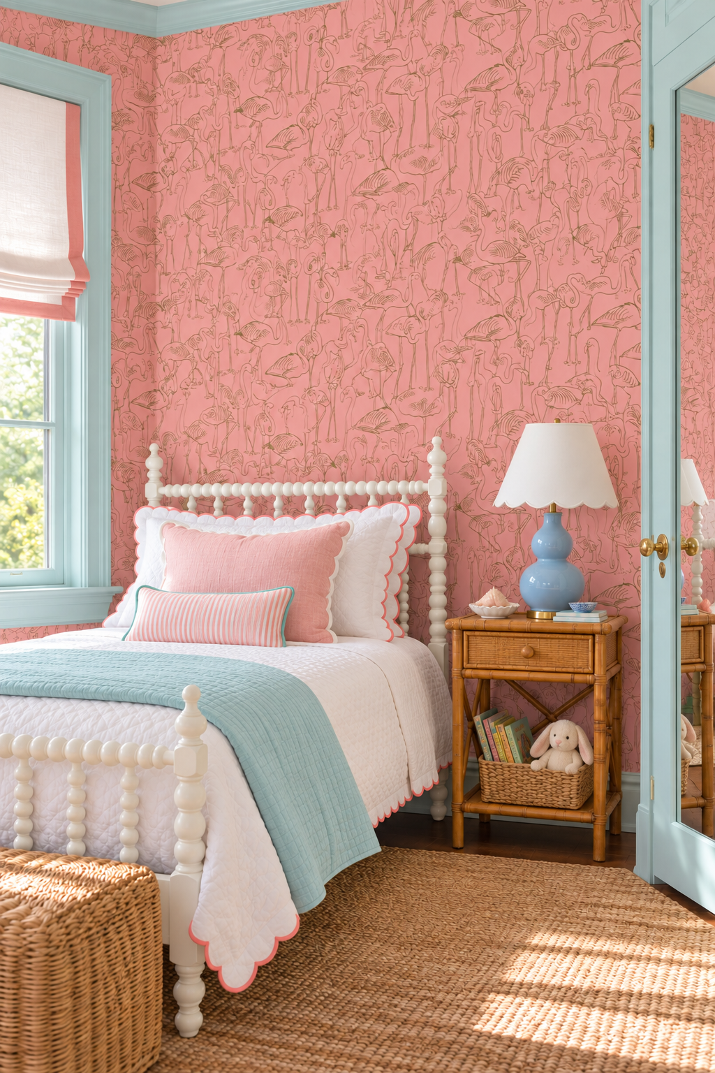 kid's coastal bedroom with pink and bonze flamingo sketched wallpaper on luxury traditional matte wall covering