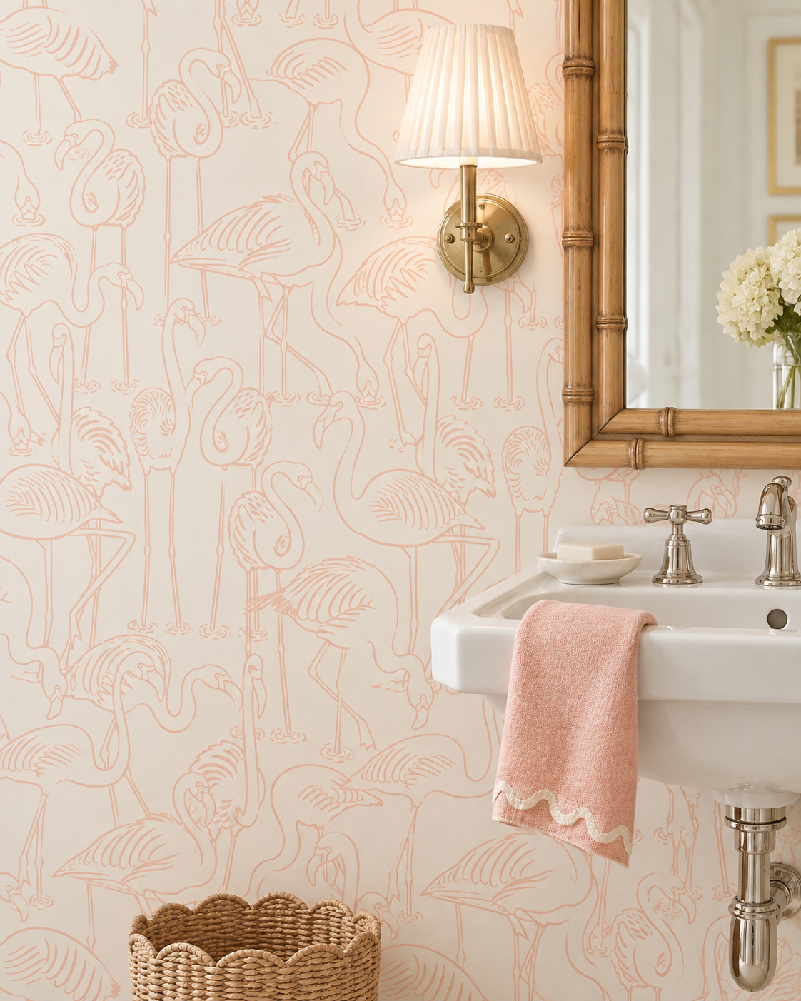washable and moisture resistant tropical flamingo wallpaper, perfect for high traffic coastal beach homes in bathrooms, wet bars and kitchens