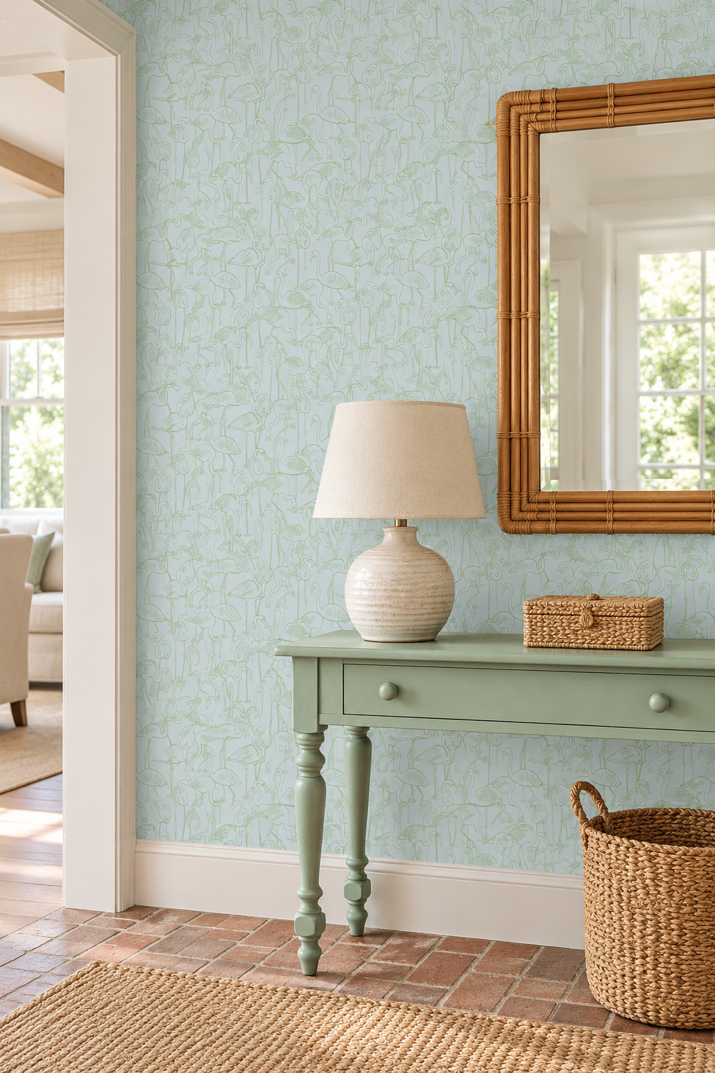 coastal inspired casual living room with light blue and green sketched flamingo wallpaper