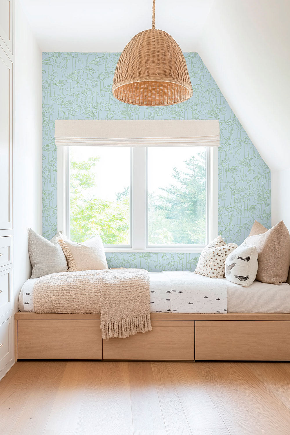 coastal kids bedroom with tropical blue and green flamingo wallpaper