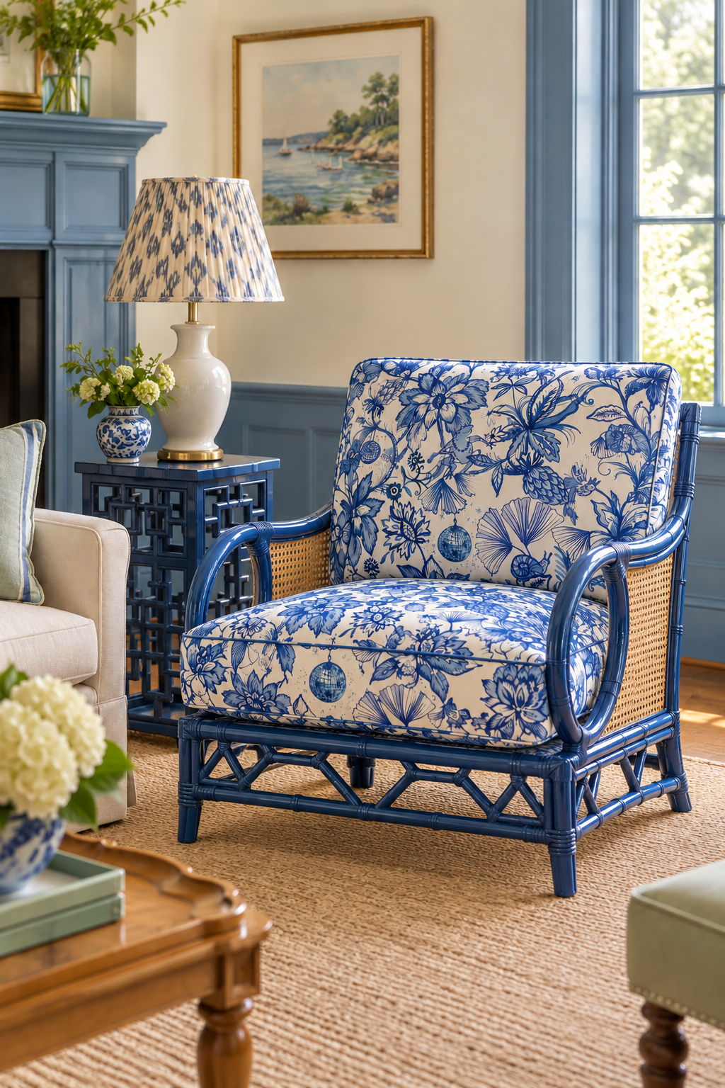 chinoiserie floral upholstery fabric featuring hand-painted botanicals with a whimsical frog dancing under a disco ball and hidden playful details featured on these custom living room chair cushion