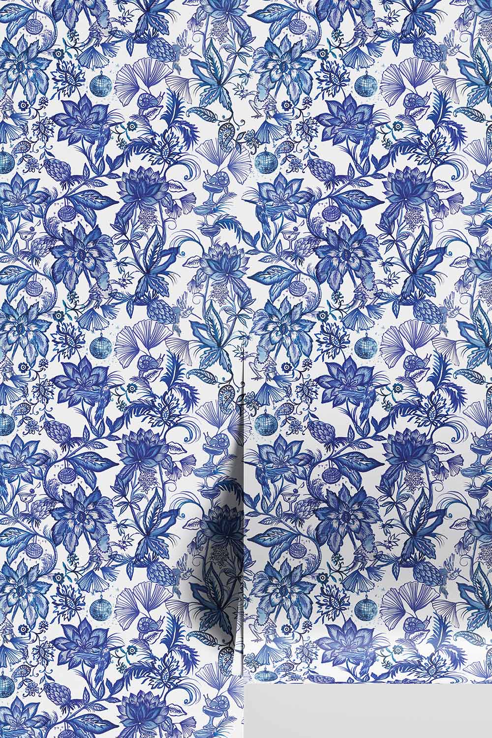 chinoiserie floral wallpaper, animal botanical wallpaper, whimsical frog wallpaper, watercolor botanical wallcovering, floral chinoiserie print, playful wallpaper design, girls room floral wallpaper, unique animal wallpaper