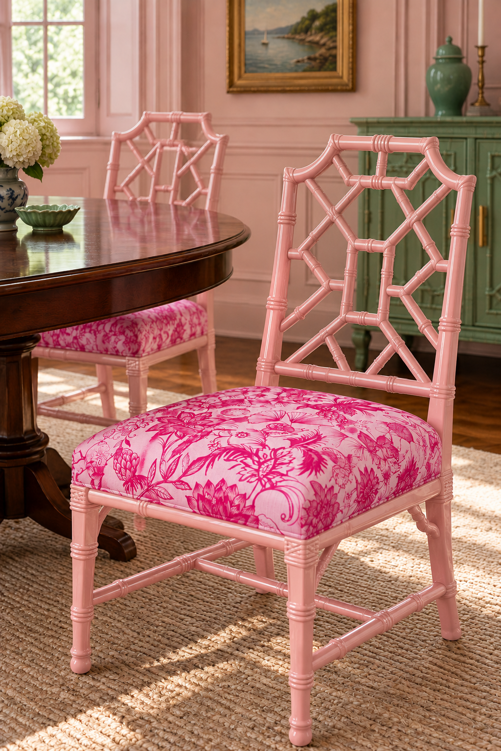 Chinoiserie floral upholstery fabric featuring hand-painted botanicals with a whimsical frog dancing under a disco ball and hidden playful details featured on this custom dining room chair cushions