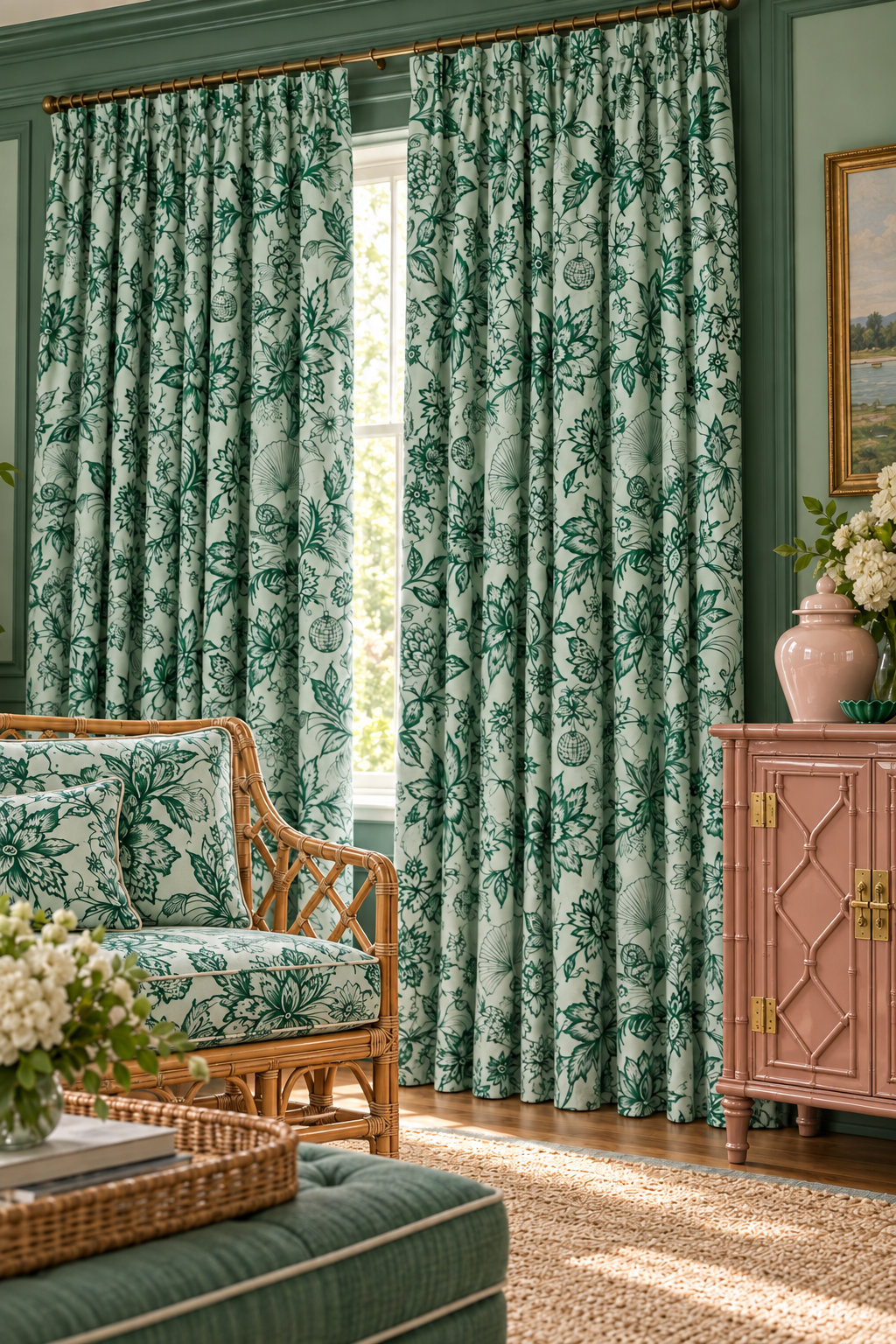 Chinoiserie floral upholstery fabric featuring hand-painted botanicals with a whimsical frog dancing under a disco ball and hidden playful details featured in this formal dining room as a custom window treatment and matching chair upholstery in a formal living room