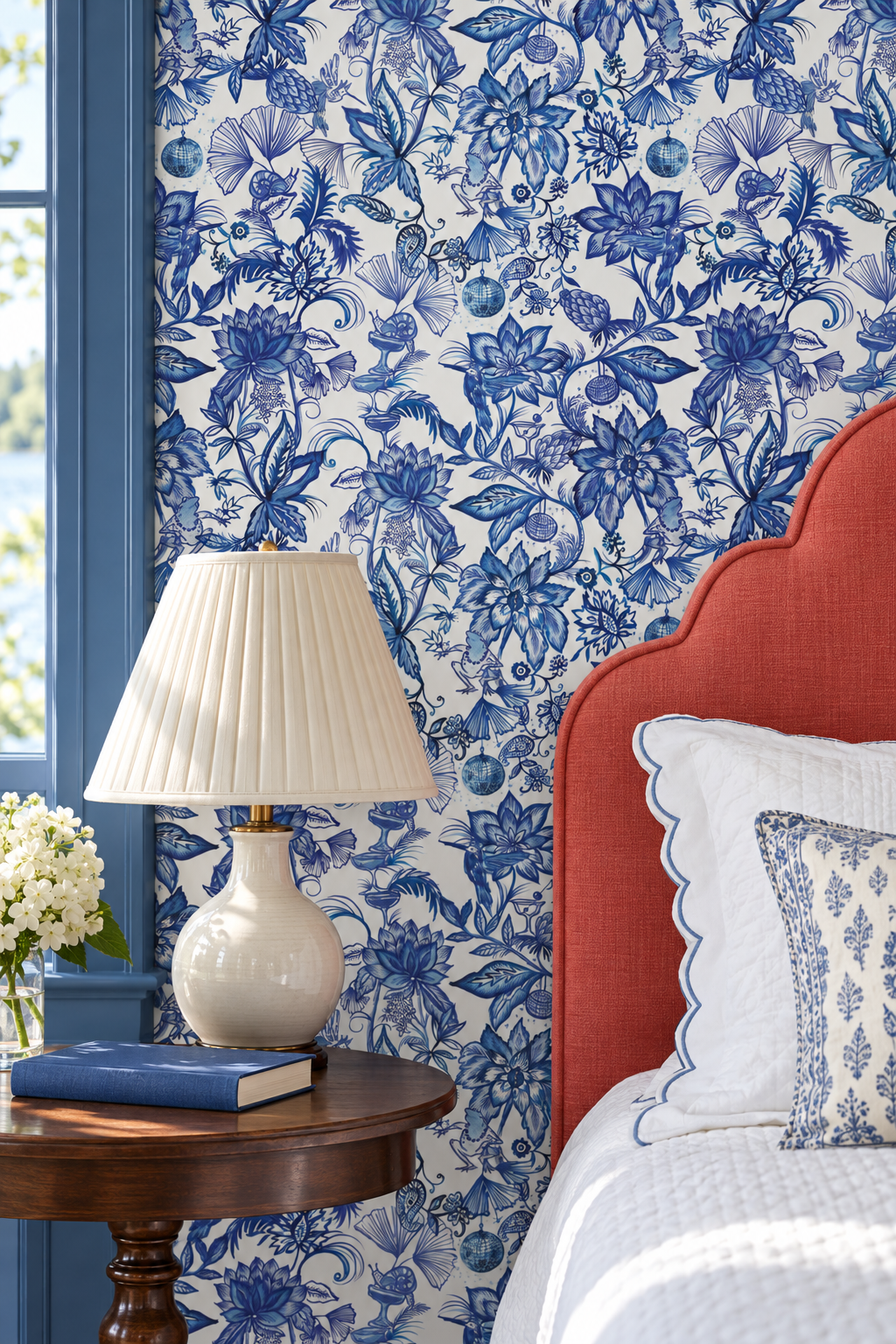 Blue and white floral wallpaper shown in a styled bedroom setting, featuring a wooden nightstand with a pleated white table lamp and a blue book, next to a bed with a rust-orange upholstered headboard. Hand-painted chinoiserie floral wallpaper on natural grasscloth featuring dancing frogs, snails, hummingbirds, and botanical details in a whimsical pattern perfect for luxury bedrooms