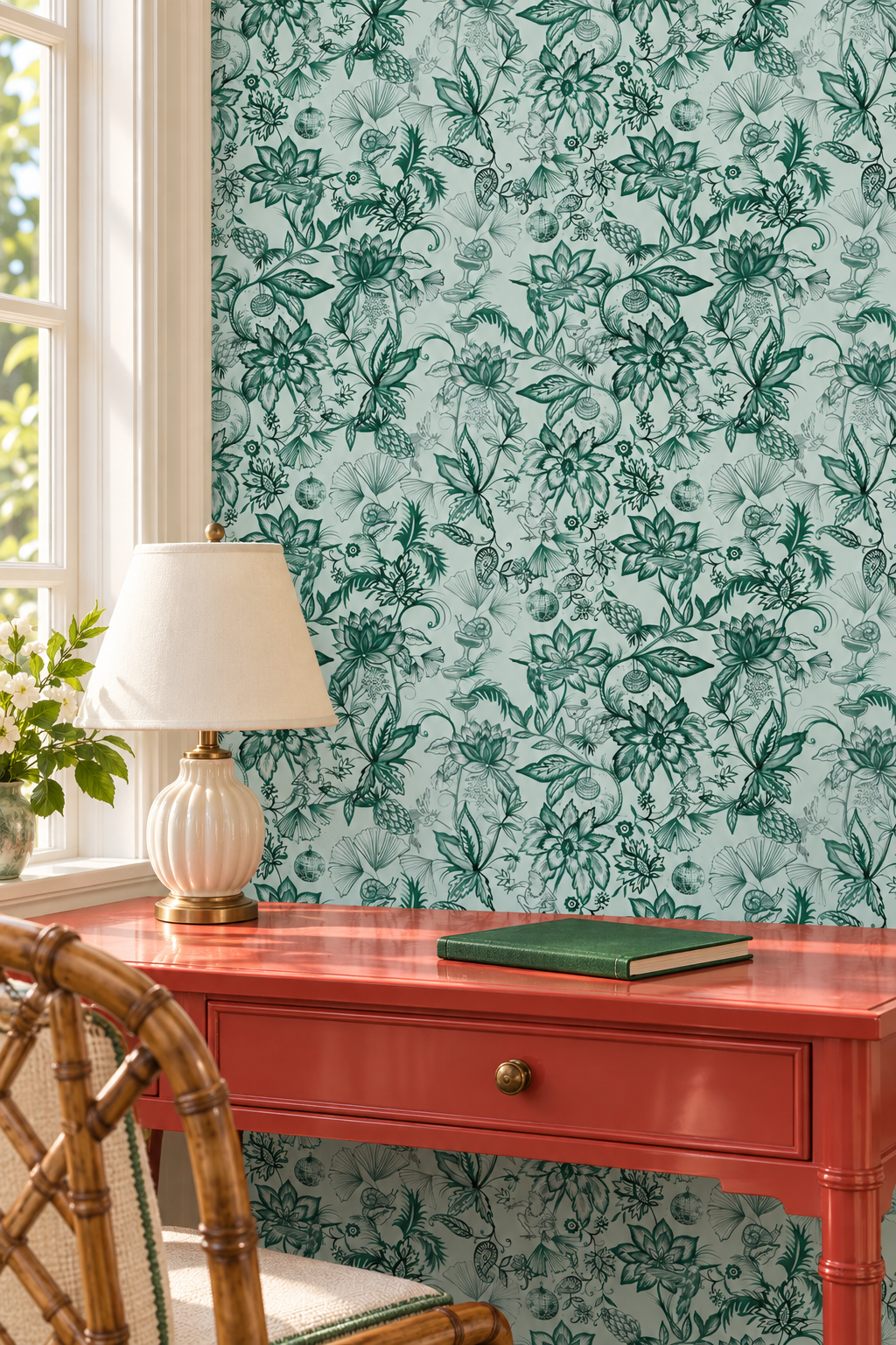 A styled interior scene showing a coral-red wooden desk against a wall with teal floral wallpaper. A white table lamp with a cream shade and gold base sits on the desk beside a green book, with part of a bamboo chair visible in the foreground.
