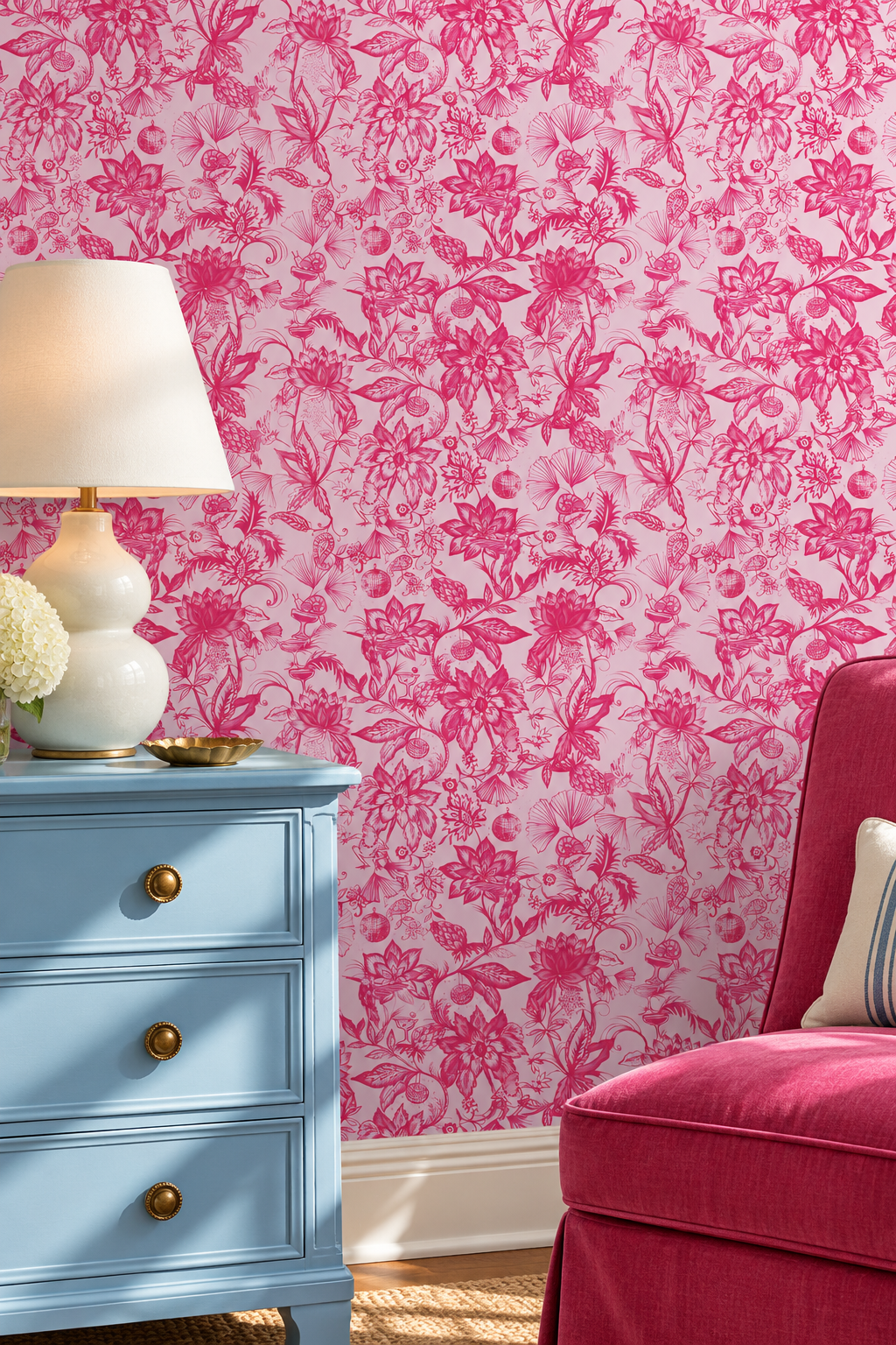 Pink floral toile wallpaper with a white background, styled in a room setting with a light blue wooden nightstand, a white table lamp, and a magenta velvet armchair.