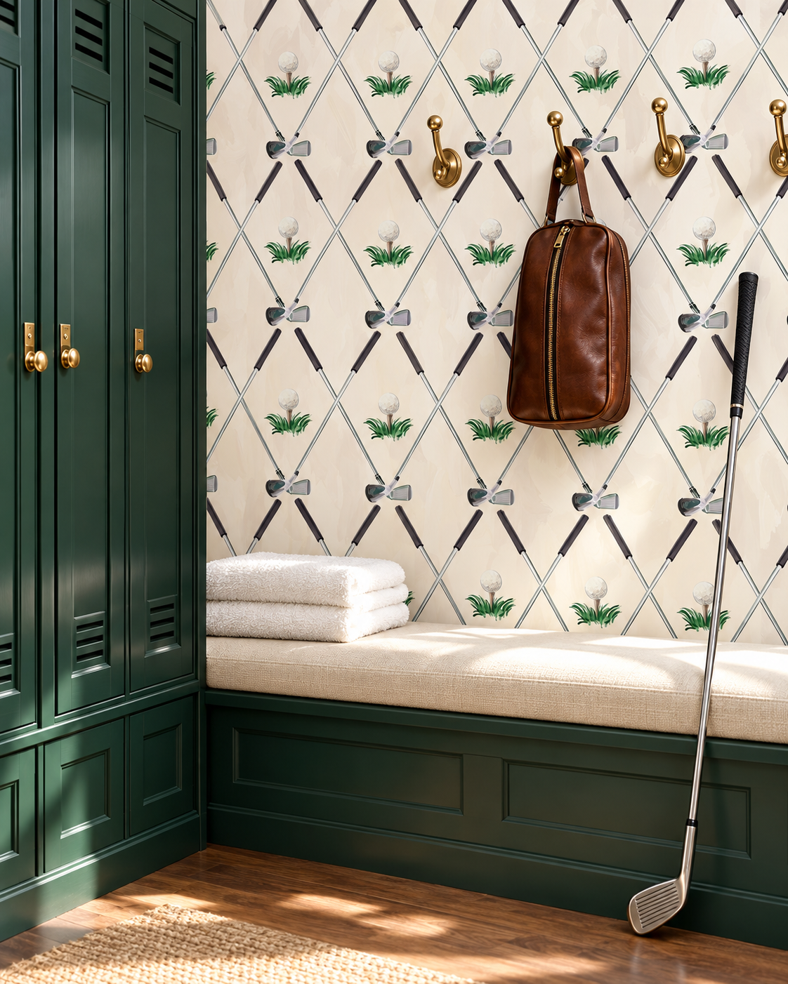 Fore the Love of Golf washable performance vinyl wallpaper with watercolor golf clubs and golf balls, designed for moisture- and stain-resistant spaces.