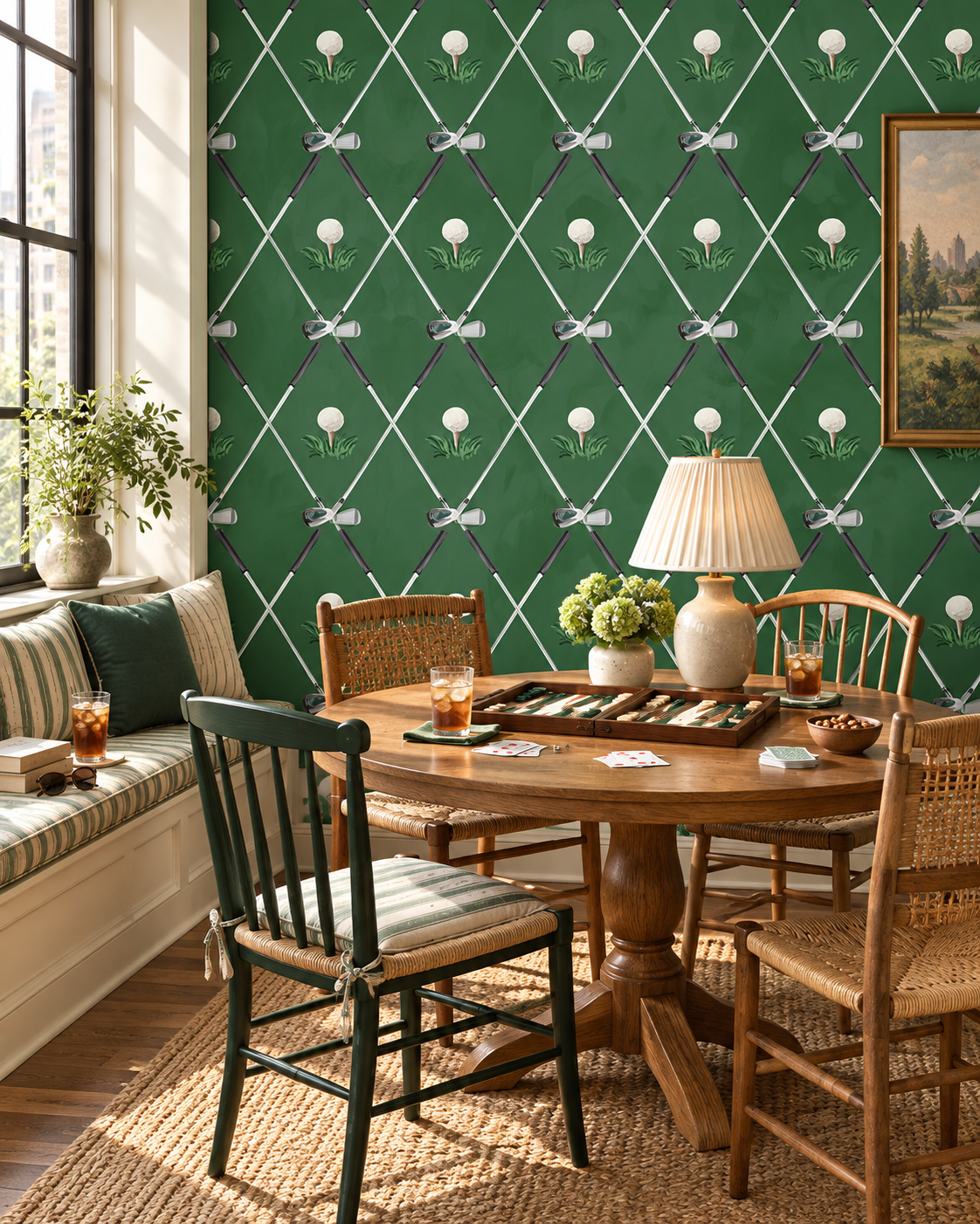 A styled dining room corner featuring a bold green wallpaper with a white trellis and tulip pattern. The room is furnished with a round wooden dining table, woven and dark green chairs, a striped window seat, and a table lamp. Preppy golf wallpaper featuring crossed golf clubs and watercolor golf balls on Fairway Green
Watercolor golf club wallpaper with crossed clubs, golf balls and green grass background