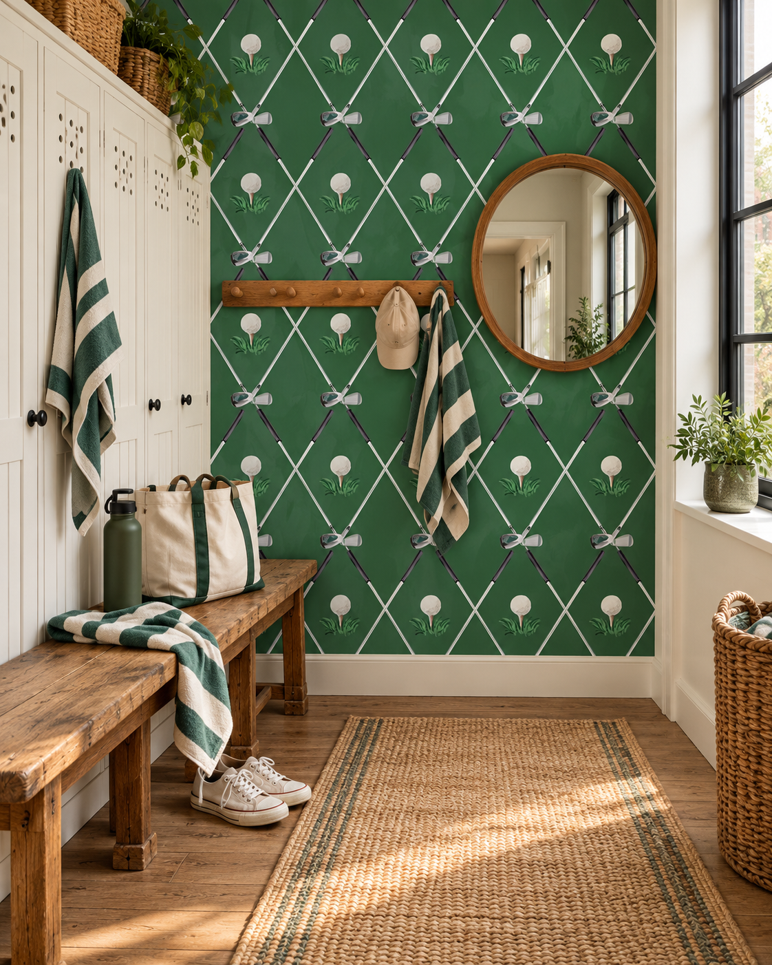 Preppy golf wallpaper featuring crossed golf clubs and watercolor golf balls on Fairway Green
Watercolor golf club wallpaper with crossed clubs, golf balls and green grass background