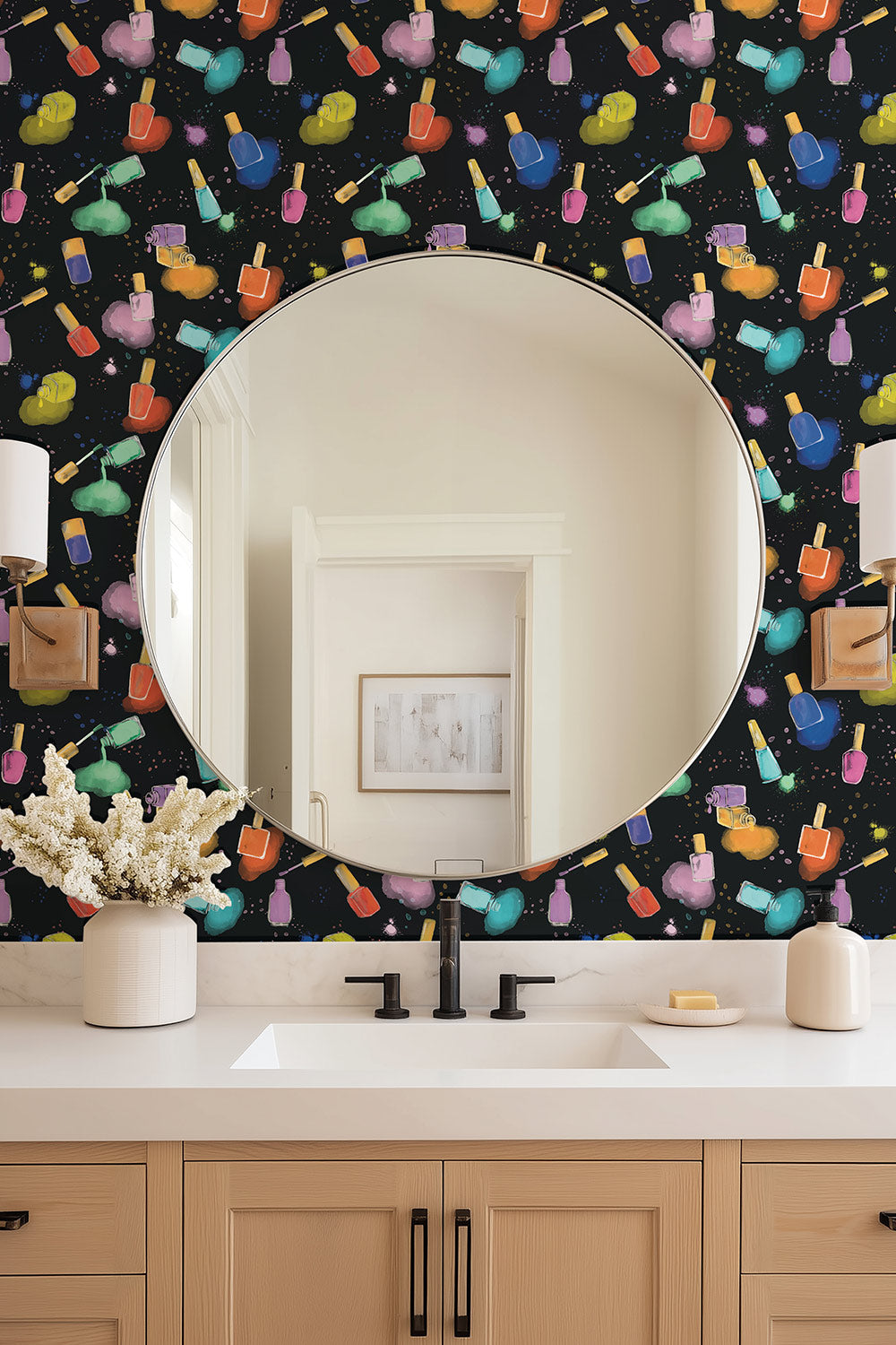 Beauty-inspired wallpaper for teen bathroom or vanity area on moisture resistant wall-covering