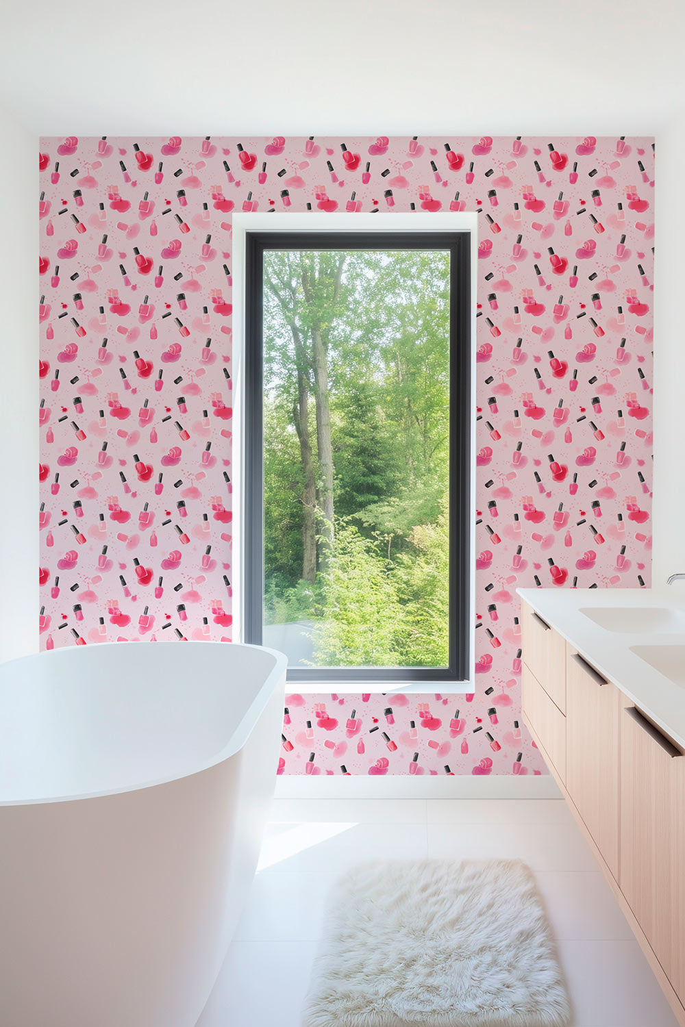 Beauty-inspired wallpaper for teen bathroom or vanity area printed on performance vinyl washable and moisture resistant wall covering