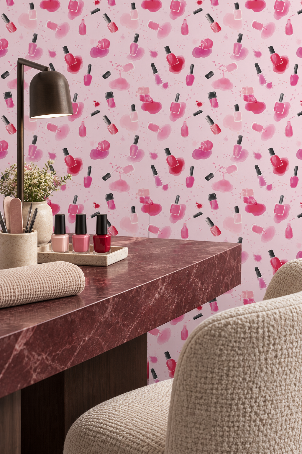 Beauty-inspired wallpaper for teen bathroom or vanity area printed on performance vinyl washable and moisture resistant wall covering