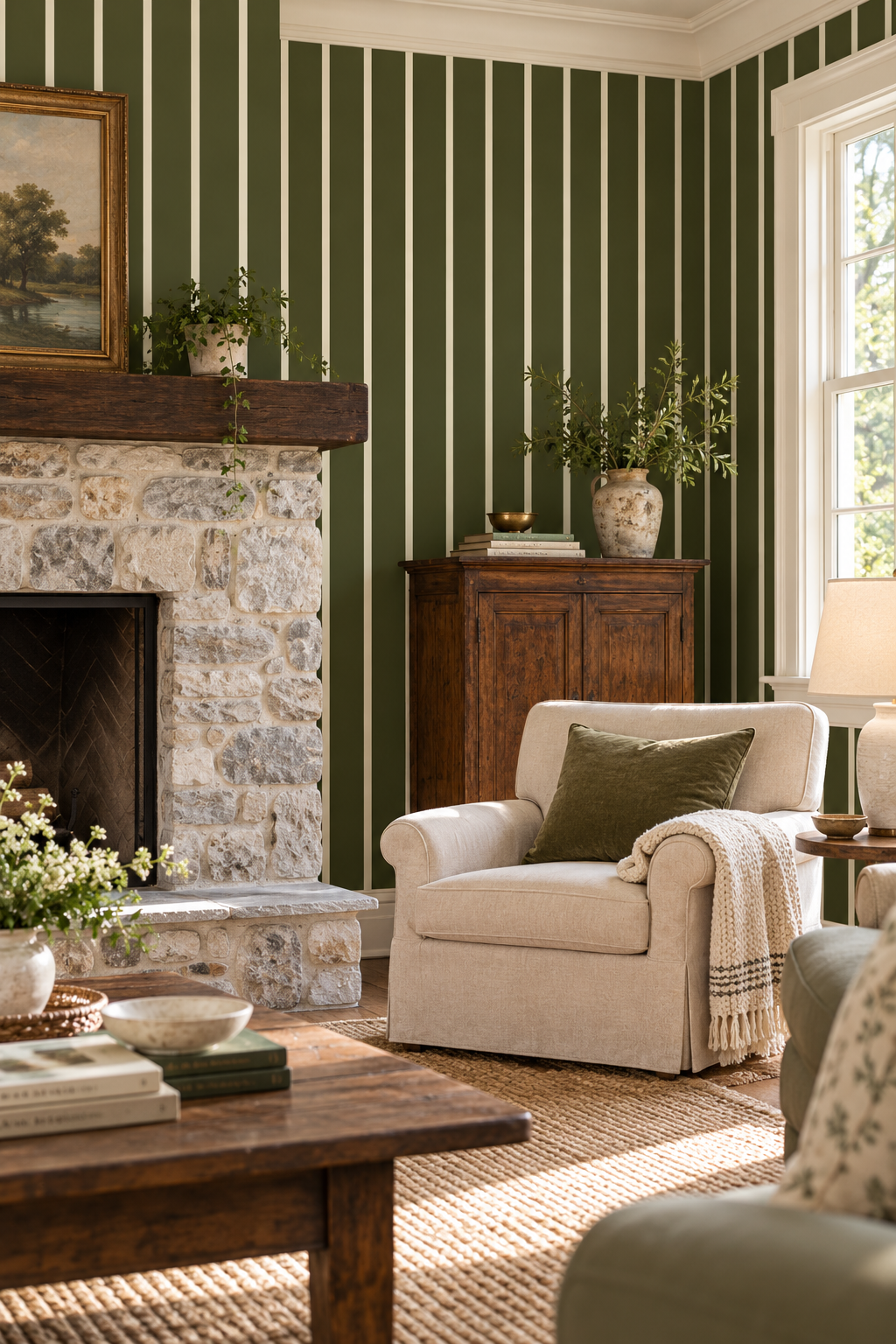 A styled living room featuring dark green and white vertical striped wallpaper, a stone fireplace with a dark wood mantel, a cream-colored armchair with a green pillow, and a rustic wooden coffee table in the foreground.
