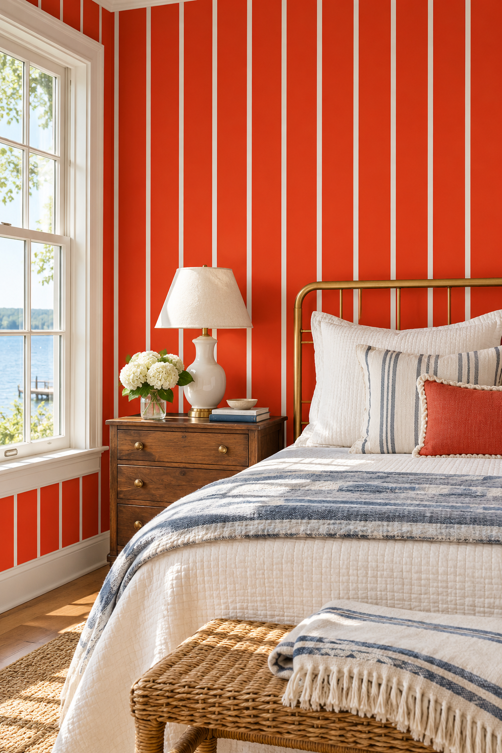 red and white striped wallpaper brings warmth to this sweat farm cottage guest bedroom inviting guests in for a happy stay
