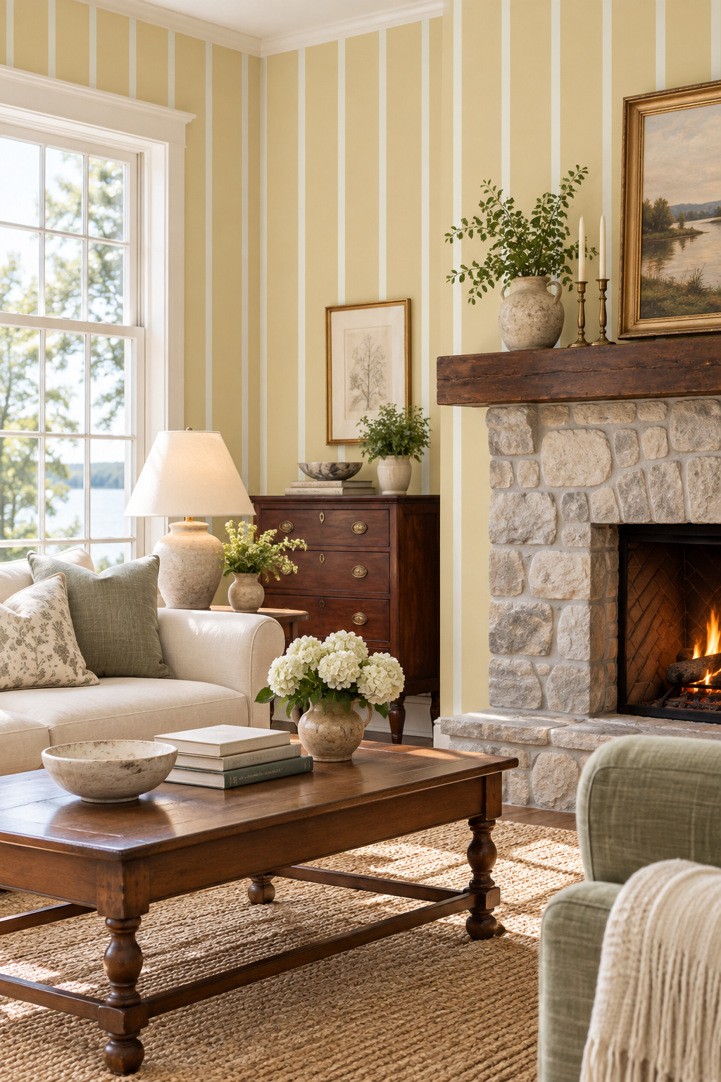 lakeside cozy living room with beige wallpaper and white pinstripe for a calming and inviting design aesthetic