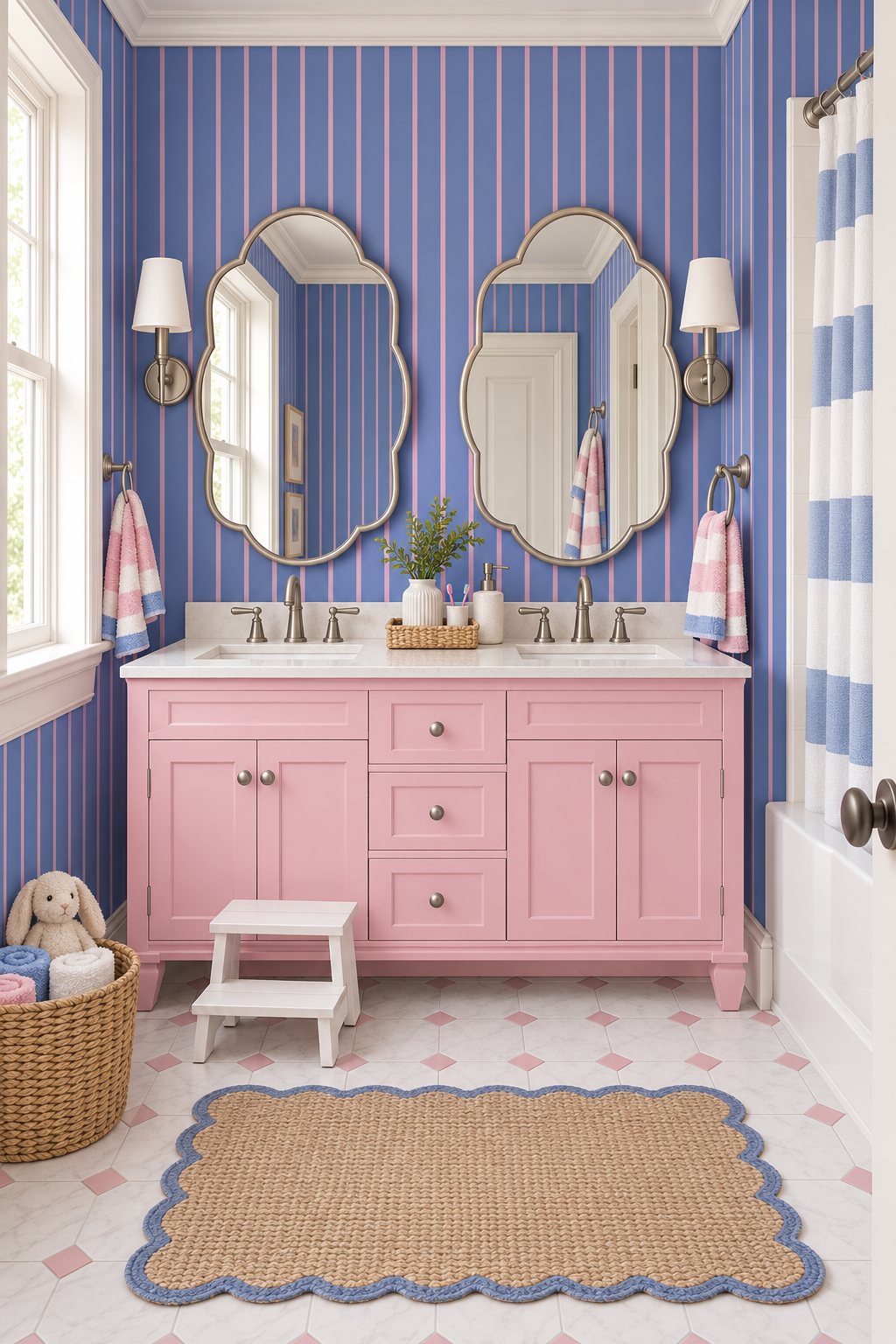 fun pinstriped wallpaper in pops of periwinkle and purple that bring life and fun to happy spaces featured in this girl's bathroom