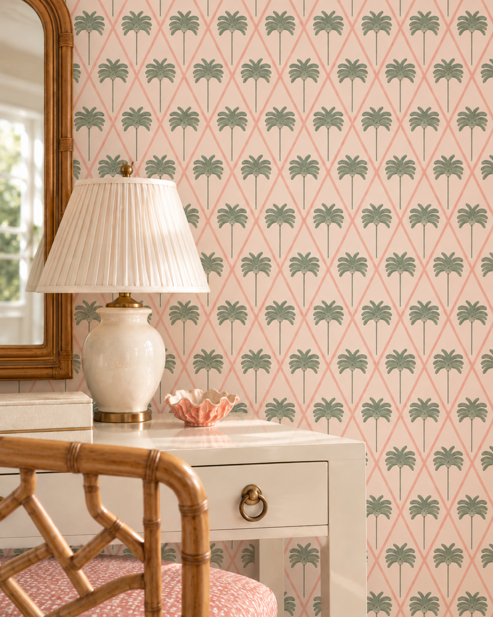 stain and moisture resistant performance vinyl wallpaper, great for dining rooms, kitchens and commercial spaces; pink lattice botanical palm tree wallpaper