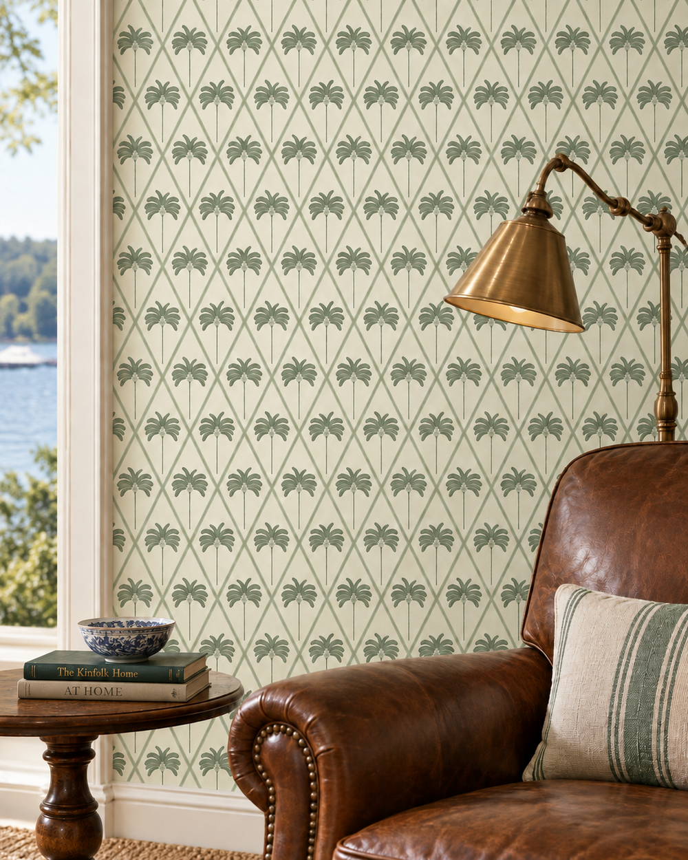 palm tree botanical grid-striped lattice wallpaper featuring in this luxury coastal living room