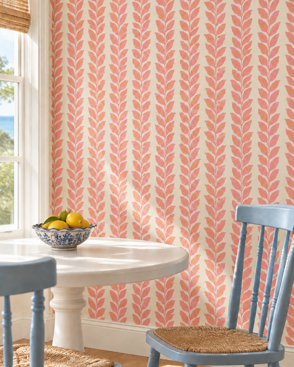 commercial grade water and stain resistant performance vinyl wall-covering, great for bathrooms, kitchens and commercial spaces, seen here in a girl's playroom with pink leaf striped wall-covering