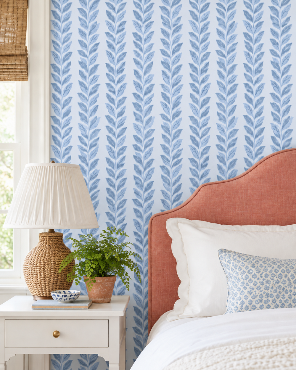 luxury all-natural grass cloth wall-covering for master bedroom suites with french blue and white stripe leaf pattern