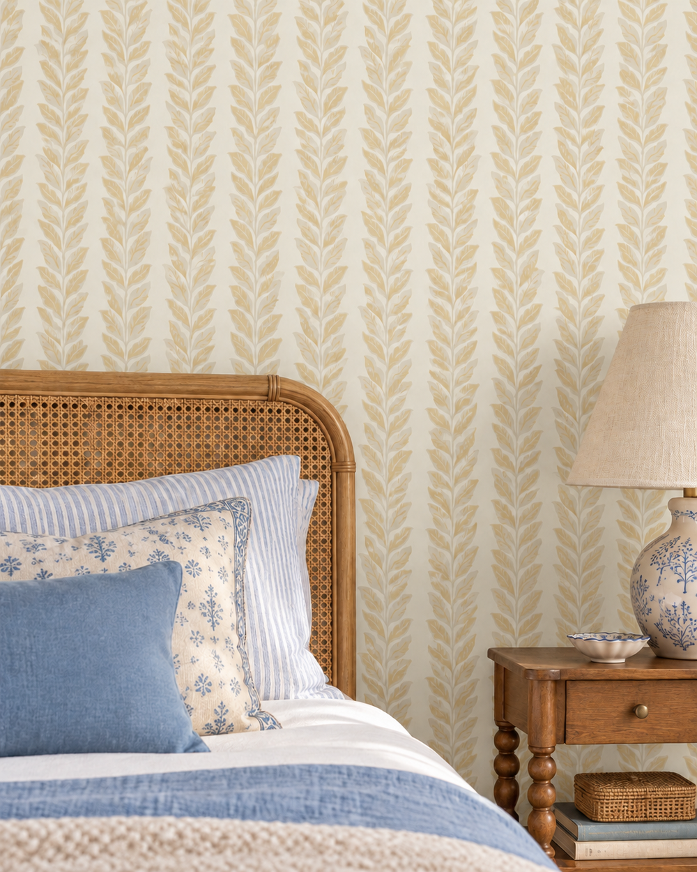 Beige and cream wallpaper with a repeating leafy pattern, styled in a bedroom setting behind a rattan bed headboard, blue pillows, and a wooden nightstand with a lamp.