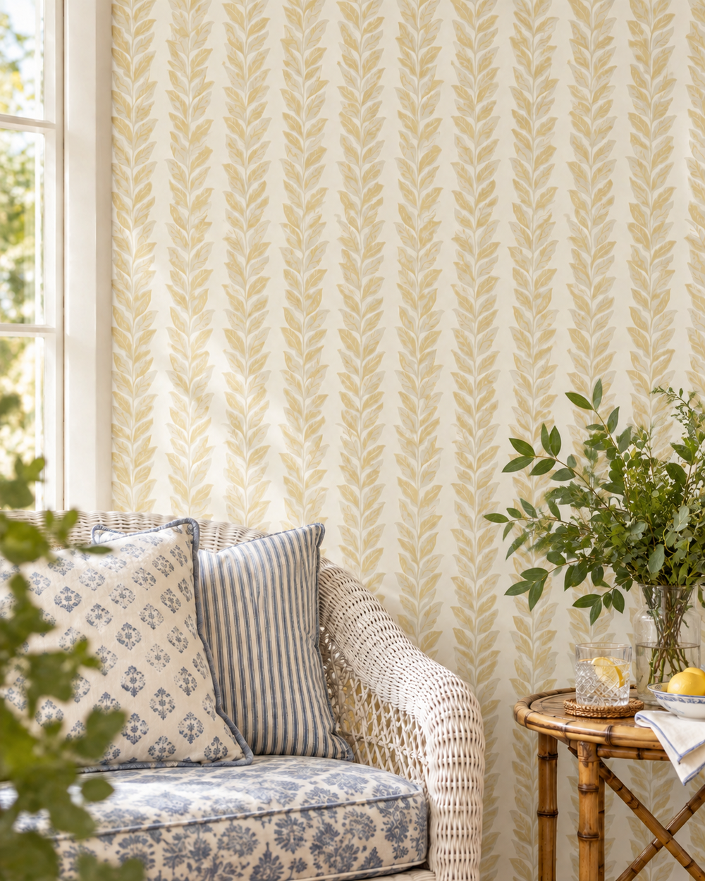 neutral botanical leaf striped wallcovering in neutral hand-painted vines on commercial grade water and stain resistant performance vinyl wall-covering, great for bathrooms, kitchens , sunrooms and commercial spaces.