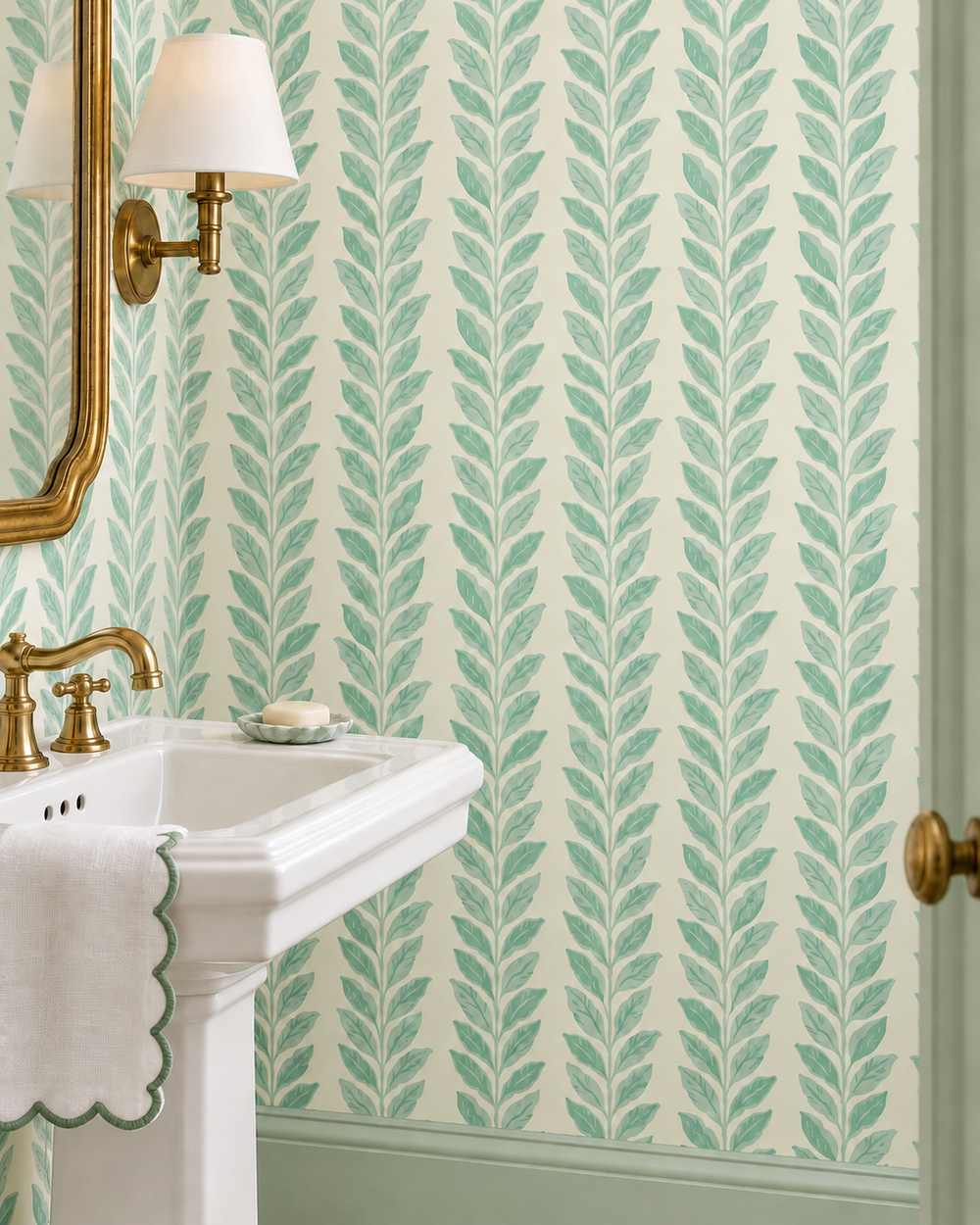 green vertical striped palm leaf
commercial grade water and stain resistant performance vinyl wall-covering, great for high traffic rooms like this mudroom and bathrooms