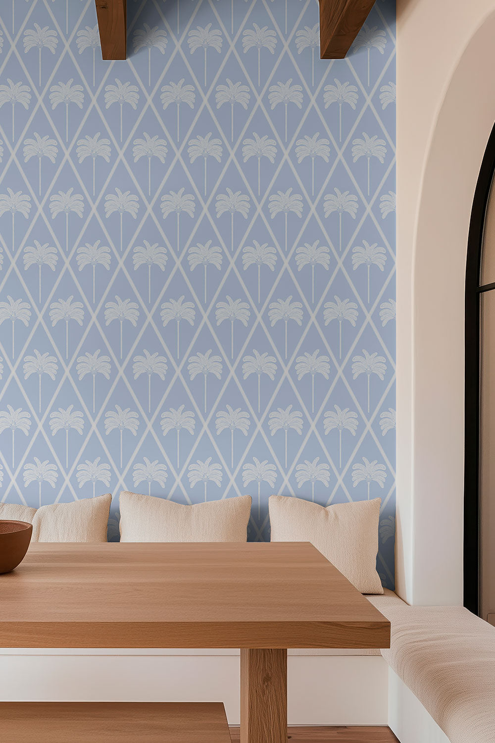 performance vinyl wall covering in tropical lattice palm tree layout, great for dining rooms, kitchens and restaurants because it is washable and stain resistant.