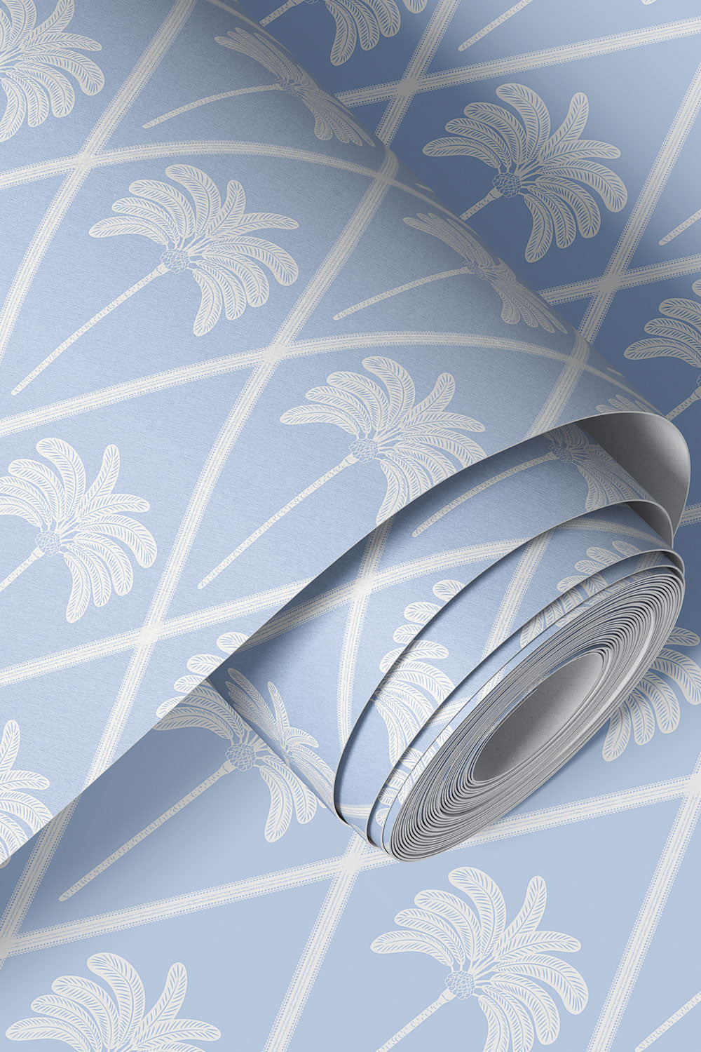 washable and stain resistant performance vinyl wallpaper textured wallpaper in french blue lattice design with geometric hand drawn palm trees for coastal homes.