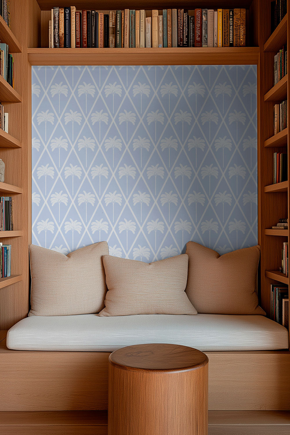 palm tree lattice wallpaper design in french blue hung in reading nock of modern house
