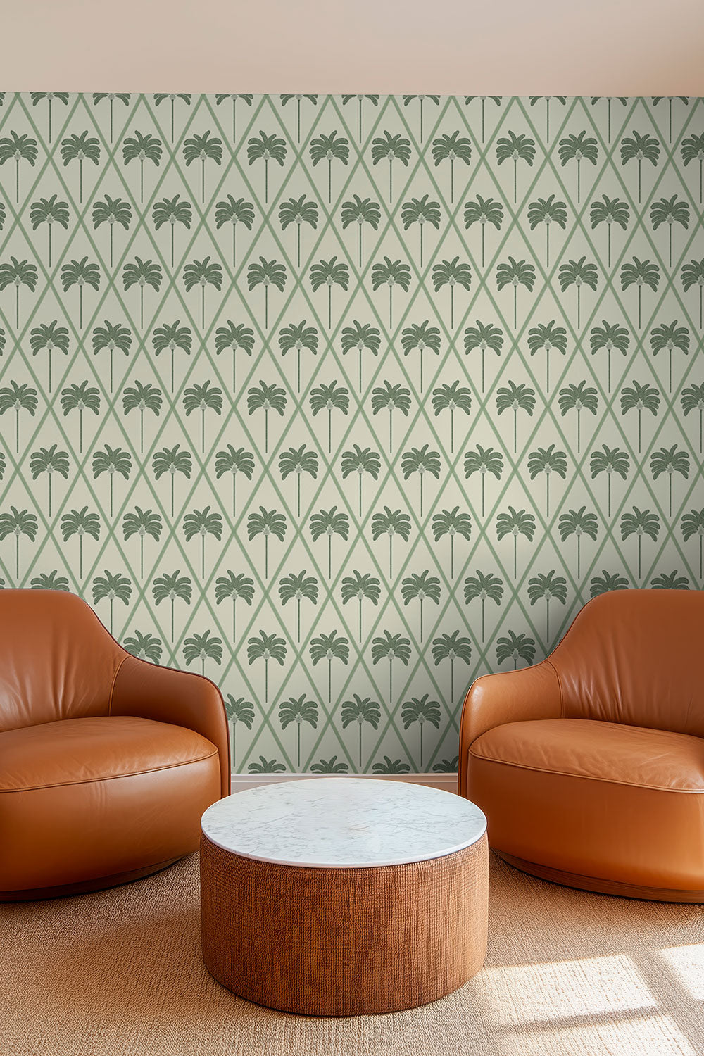 botanical palm tree grid wallpaper, cream with green ribbon lattice and geometric striped palmetto palm trees for coastal living spaces
