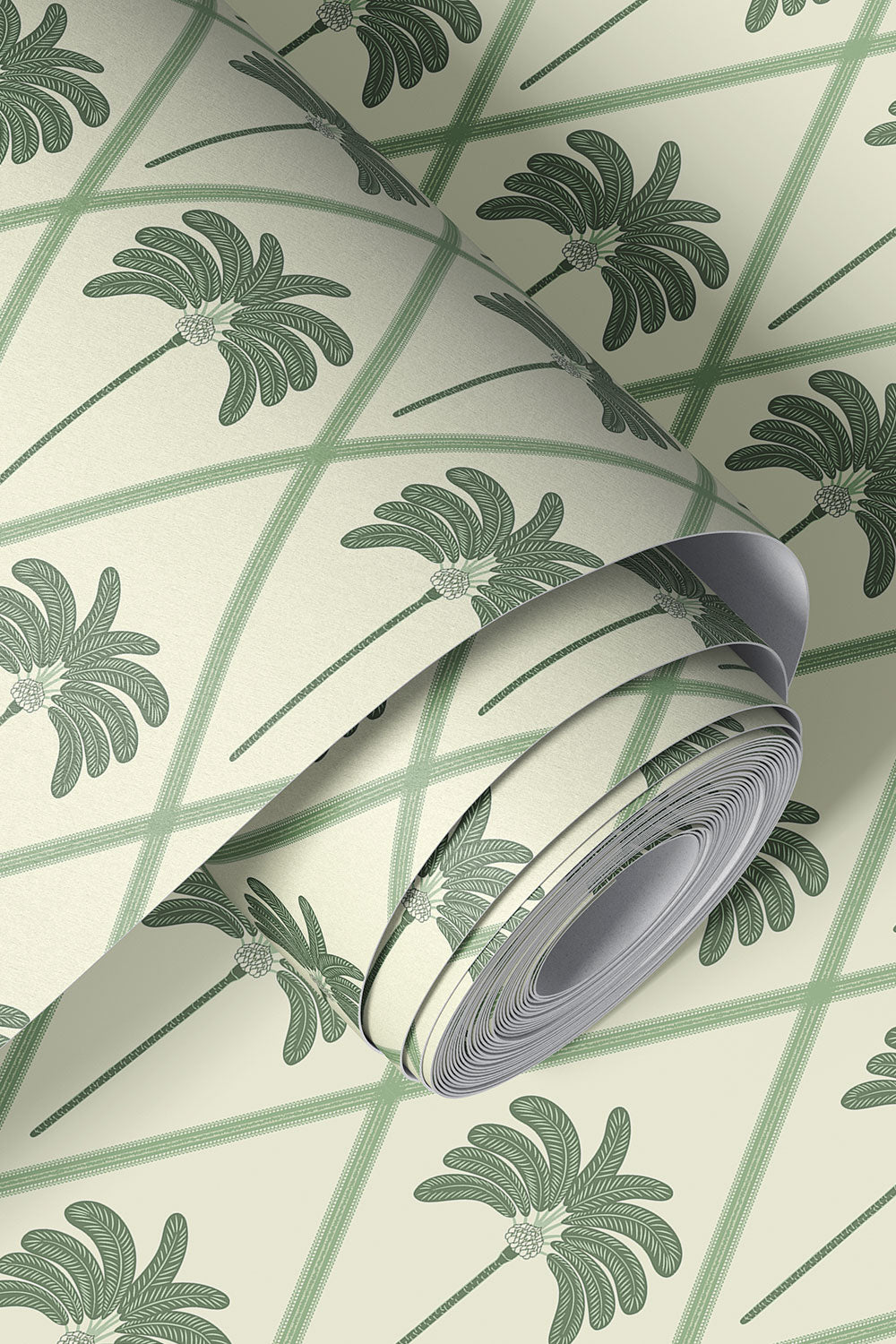 stain and moisture resistant performance vinyl wallpaper, great for bathrooms, kitchens and commercial spaces; cream and green botanical ribbon lattice with Palmetto palm trees