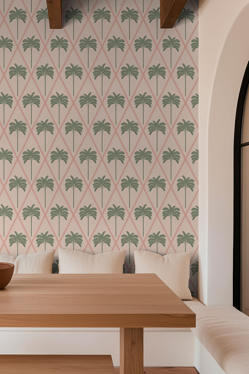 stain and moisture resistant performance vinyl wallpaper, great for dining rooms, kitchens and commercial spaces; pink lattice botanical palm tree wallpaper
